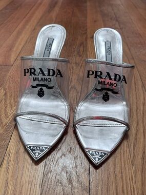 Prada Silver Plexi PVC Metallic Pointed Glass Slipper Mules Heels Size 39